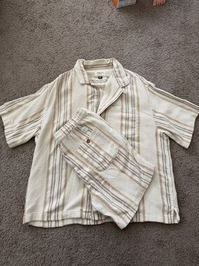 American Eagle Outfitters Cream & Tan Striped Camp Shirt
